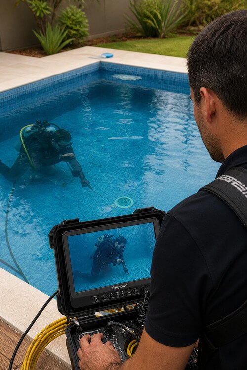 Técnico a monitorizar inspeção subaquática enquanto mergulhador identifica fuga em piscina através de vídeo inspeção no fundo da estrutura