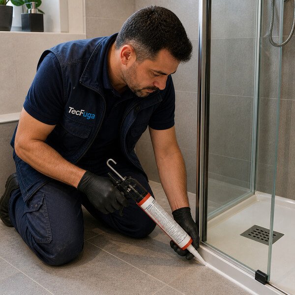 Técnico da TecFuga a aplicar silicone na base de duche para prevenir infiltrações em casa de banho