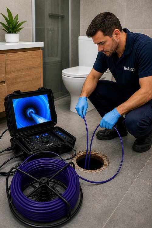 Técnico a realizar vídeo inspeção de tubagem em casa de banho para reabilitação sem obras