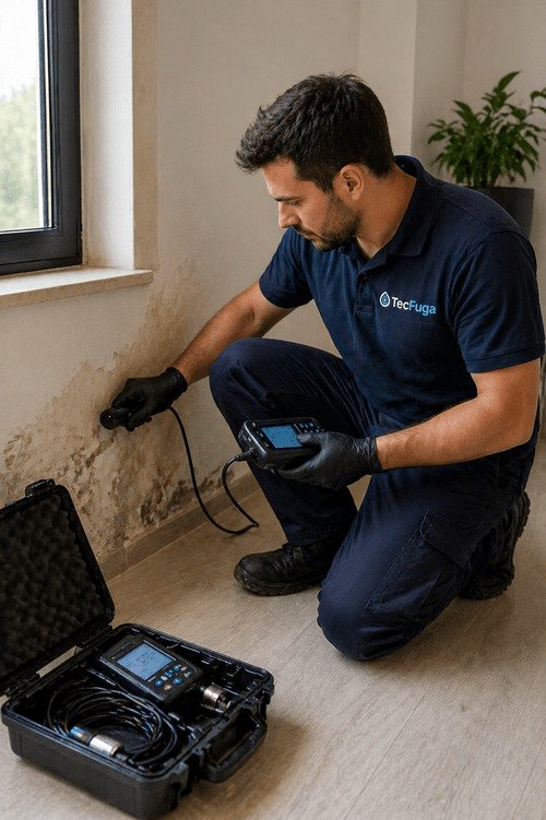 Técnico a medir a humidade numa parede com equipamento profissional de diagnóstico