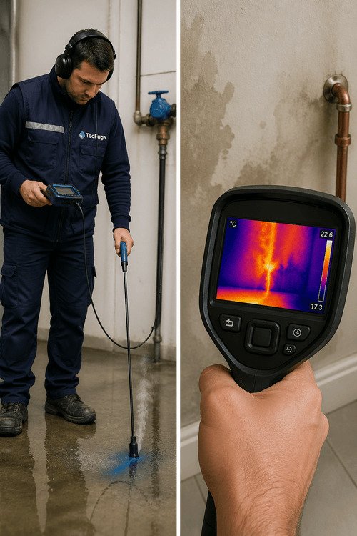 Técnico a realizar diagnóstico técnico em sistema hidráulico com equipamento especializado para identificação de anomalias em ambiente com humidade