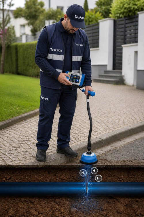 Técnico da TecFuga a realizar deteção de fugas de água com equipamento profissional em ambiente urbano