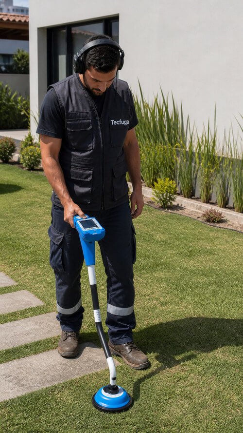Técnico da Tecfuga a utilizar equipamento profissional para deteção de fugas de água ocultas no solo em quintal residencial