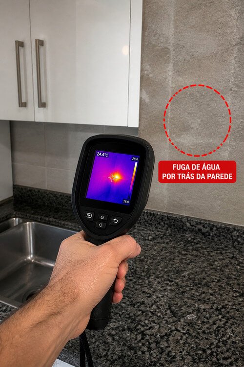 Deteção de fuga de água com câmera termográfica em parede de cozinha identificando humidade oculta