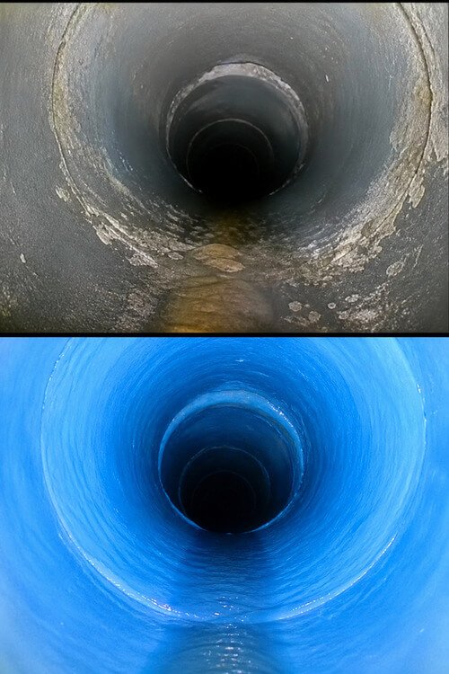 Comparação antes e depois da reabilitação de tubagem com resina epóxi mostrando interior degradado e revestimento novo