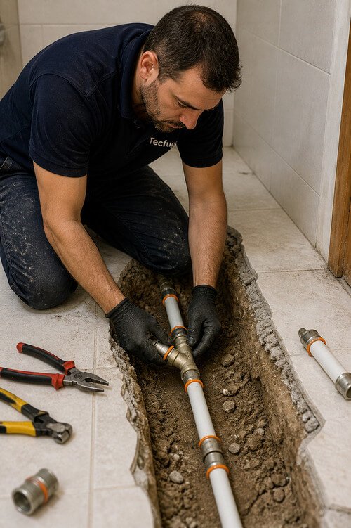 Técnico a reparar fuga de água em tubagem multicamada embutida no chão com piso aberto
