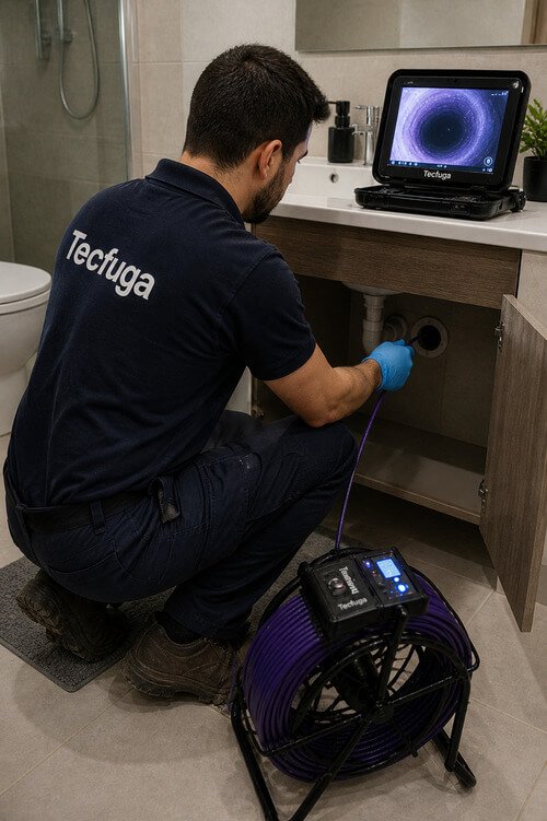 Técnico a realizar vídeo inspeção em tubagem de esgoto no banheiro utilizando câmara de inspeção com monitor