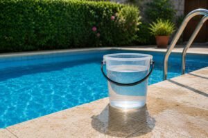 Balde utilizado para testar perda de água junto a uma piscina residencial e verificar se a descida do nível é causada por evaporação ou fuga.