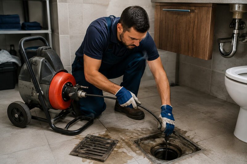 Técnico especializado a realizar desentupimento profissional de rede de esgoto com equipamento moderno