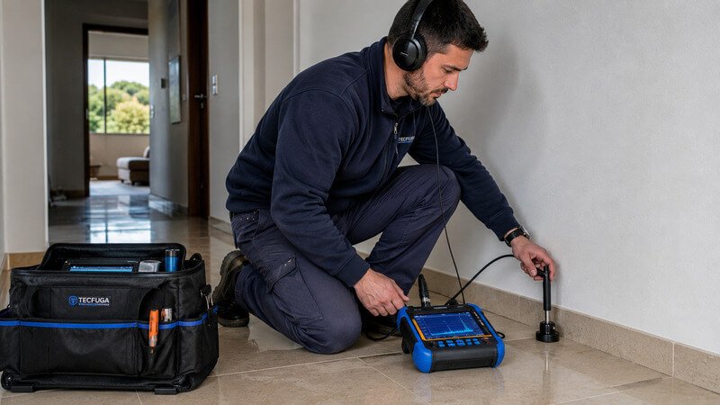 Técnico a utilizar equipamento acústico profissional para deteção de fugas de água ocultas