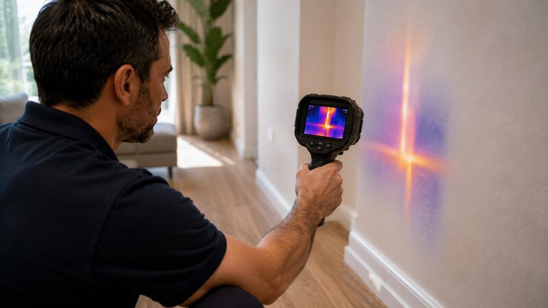 Técnico a utilizar uma câmara termográfica para localizar uma fuga de água oculta.