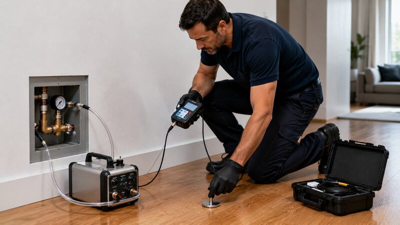 Técnico a utilizar equipamento de gás traçador para localizar uma microfuga numa tubagem.