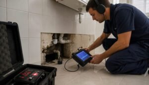 Técnico especializado a realizar deteção de fugas de água com equipamento de diagnóstico não destrutivo