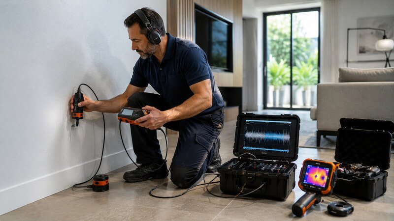 Técnico a utilizar equipamentos especializados para localizar uma fuga de água oculta numa habitação.