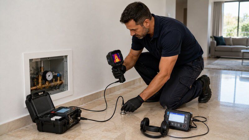 Técnico a utilizar equipamentos especializados para confirmar a origem de uma fuga de água numa habitação.