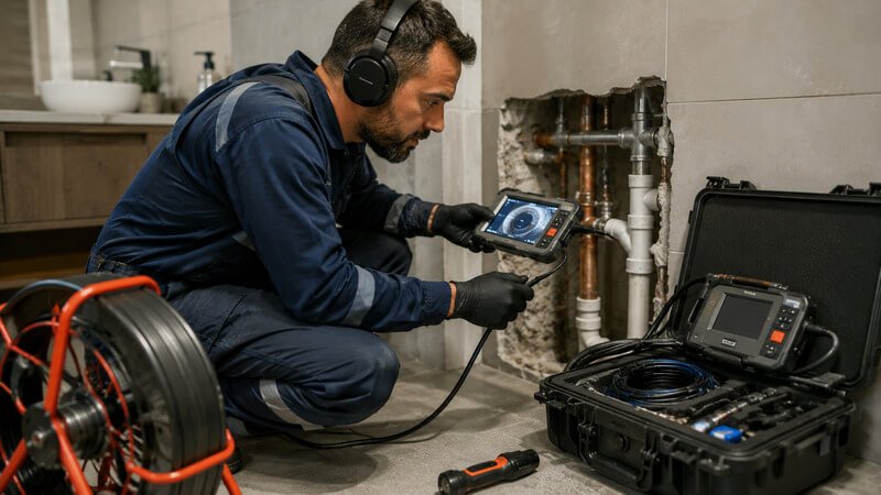 Técnico especializado a realizar diagnóstico de canalização com equipamento CCTV para inspeção de tubagens e deteção de problemas ocultos