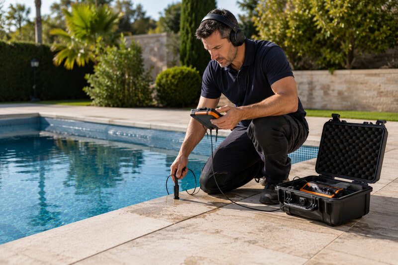 Técnico a realizar deteção profissional de fugas numa piscina com equipamento especializado