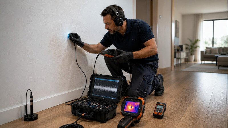 Equipamentos profissionais utilizados para localizar fugas de água e infiltrações numa habitação.