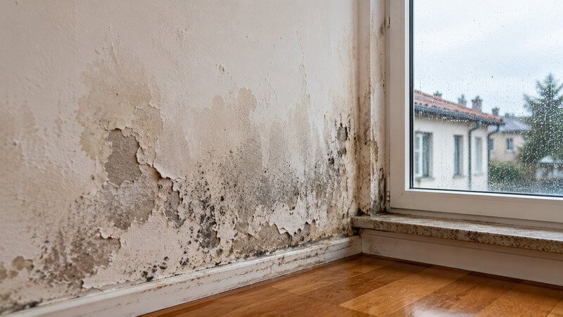 Parede interior com manchas de humidade e tinta degradada provocadas por infiltração.
