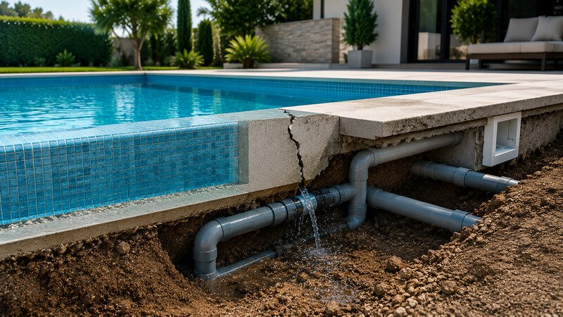 Fissura estrutural numa piscina relacionada com uma fuga de água na tubagem subterrânea.