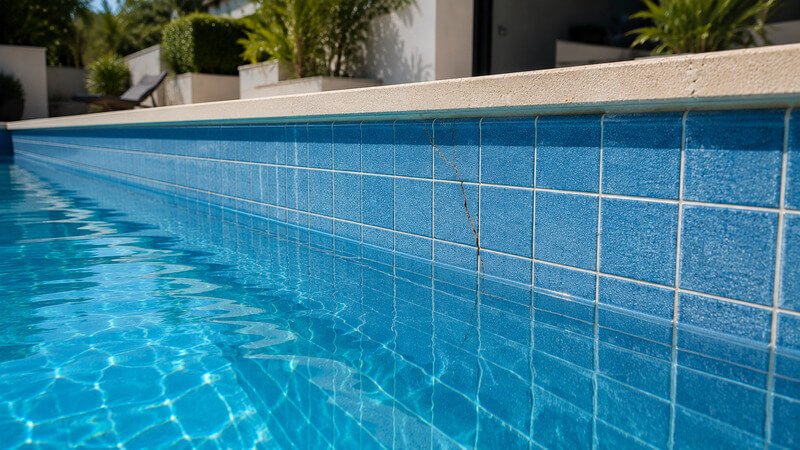 Fissura visível no revestimento interior de uma piscina residencial moderna.