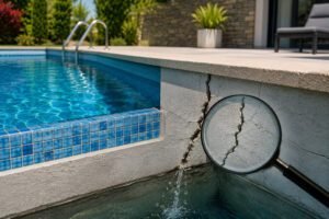 Fissura estrutural numa parede de piscina residencial com sinais de fuga de água junto ao revestimento.