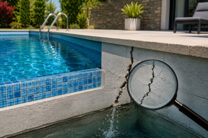 Fissura estrutural numa parede de piscina residencial com sinais de fuga de água junto ao revestimento.