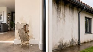 Comparação entre uma parede afetada por fuga de água e outra com infiltração proveniente do exterior.
