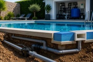 Tubagem hidráulica de uma piscina residencial moderna com sistema de circulação visível e componentes utilizados na deteção de fugas de água.