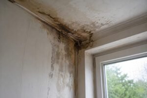 Infiltração de água com manchas de humidade, bolor e degradação em parede e teto de uma habitação