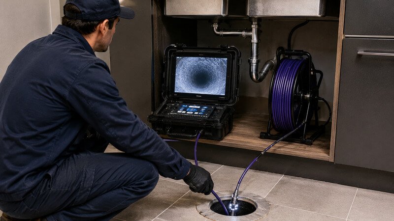 Técnico a realizar inspeção CCTV numa tubagem para diagnóstico de problemas internos