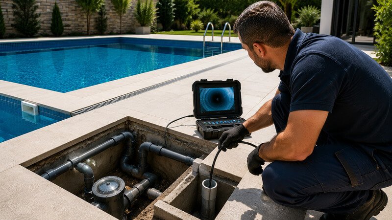 Técnico a realizar inspeção por vídeo CCTV para localizar uma fuga na tubagem de uma piscina.