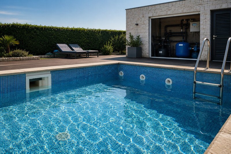 Principais pontos onde podem ocorrer fugas de água numa piscina residencial.