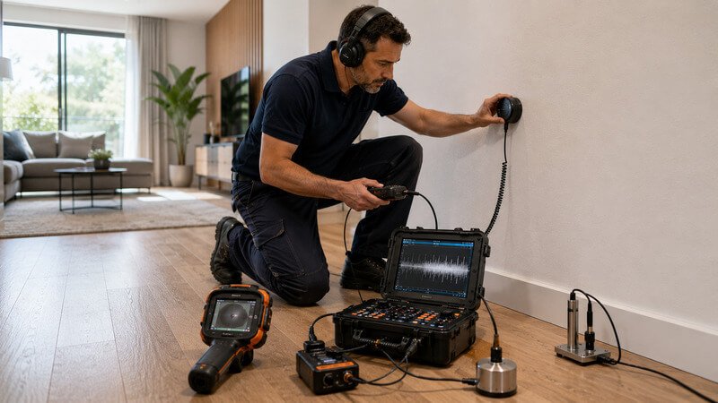 Técnico a utilizar equipamentos modernos para localizar uma fuga de água numa habitação.