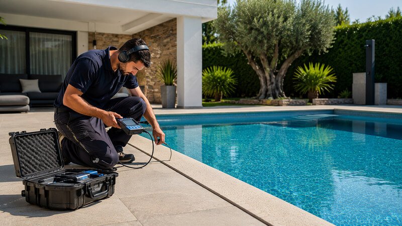 Técnico a realizar diagnóstico preventivo para identificar fugas de água numa piscina residencial.
