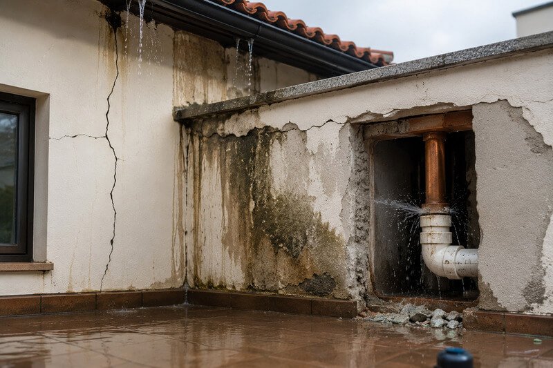 Principais causas das infiltrações incluindo fissuras, falhas de impermeabilização e fugas de água