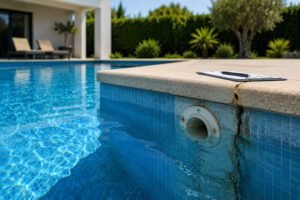 Fissura estrutural e componente hidráulico numa piscina residencial, ilustrando uma das principais causas de fugas de água em piscinas.