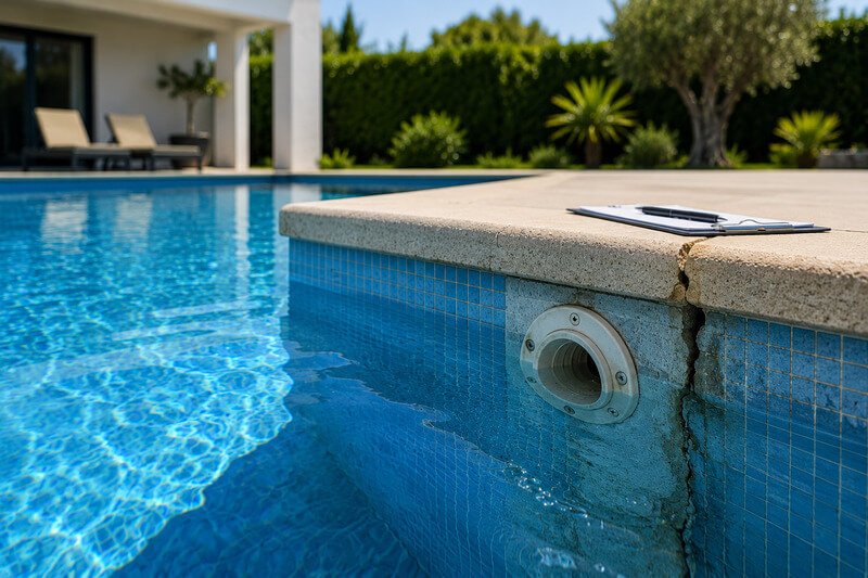 Fissura estrutural e componente hidráulico numa piscina residencial, ilustrando uma das principais causas de fugas de água em piscinas.