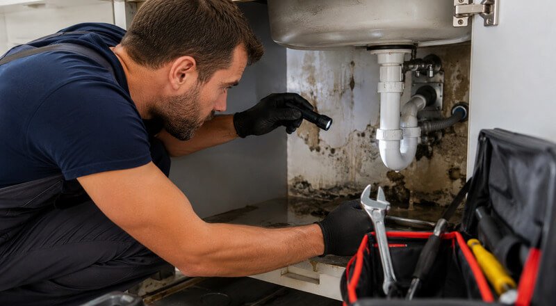Técnico a inspecionar fuga de água e sinais de humidade numa canalização residencial