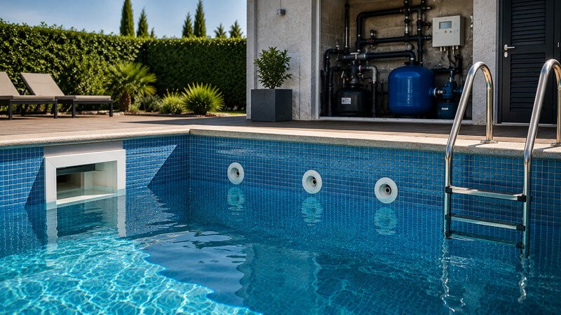 Componentes hidráulicos de uma piscina residencial onde podem ocorrer fugas de água