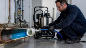 Técnico a realizar reabilitação não destrutiva de tubagens com tecnologia de recuperação interna.