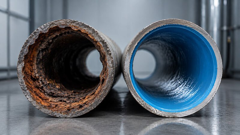 Comparação entre tubagem degradada e tubagem recuperada através de revestimento interno com resina epóxi.