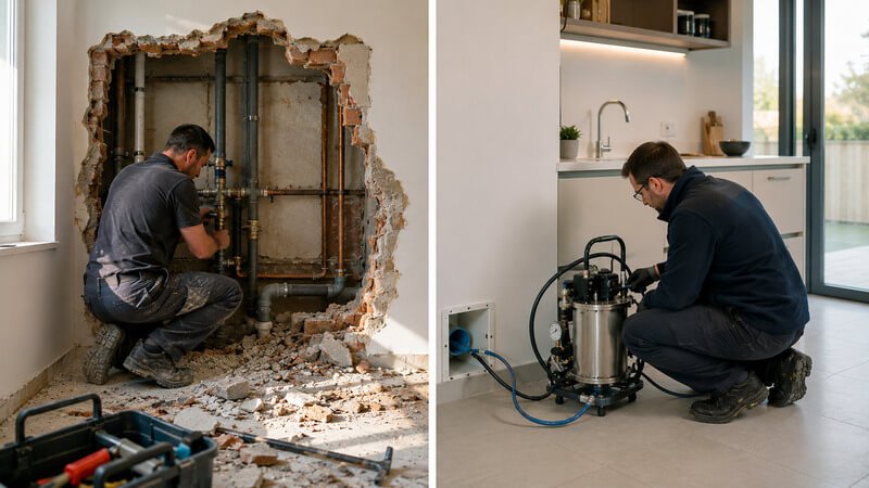 Comparação entre reparação tradicional de canalizações com obras e reabilitação de tubagens com resina epóxi sem demolições.