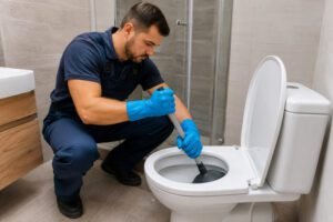 Técnico especializado a realizar desentupimento de sanita numa casa de banho residencial
