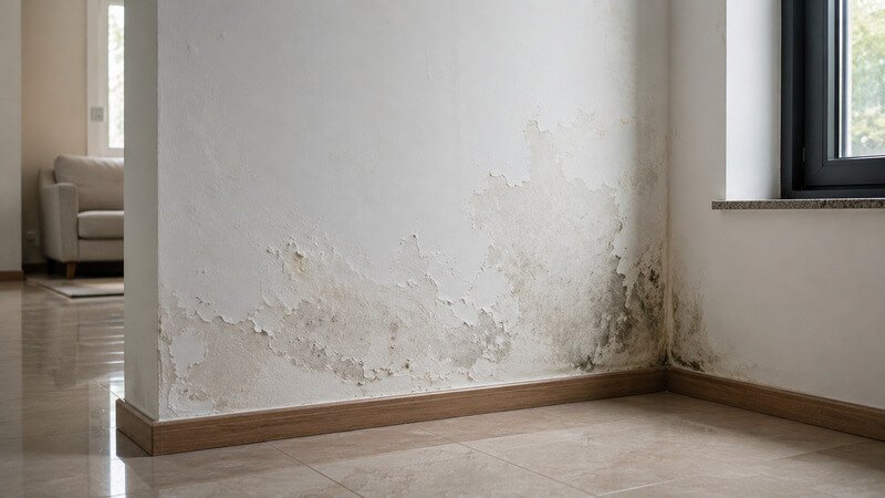 Parede com manchas de humidade e sinais visíveis de fuga de água oculta