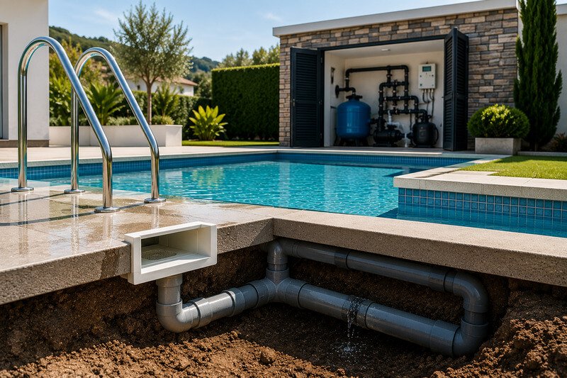 Sinais visíveis de possível fuga na tubagem de uma piscina residencial moderna.