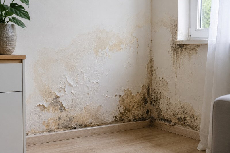 Sinais de infiltração com manchas de humidade bolor e tinta descascada numa parede interior