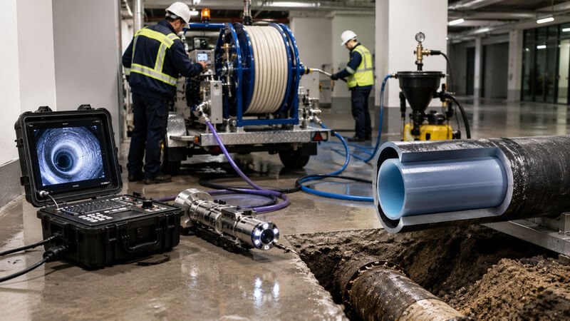 Equipamentos utilizados em processos modernos de reabilitação de tubagens sem escavações