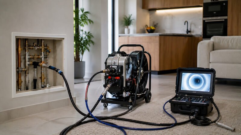 Aplicação de tecnologia não destrutiva para recuperação de tubagens numa habitação residencial.