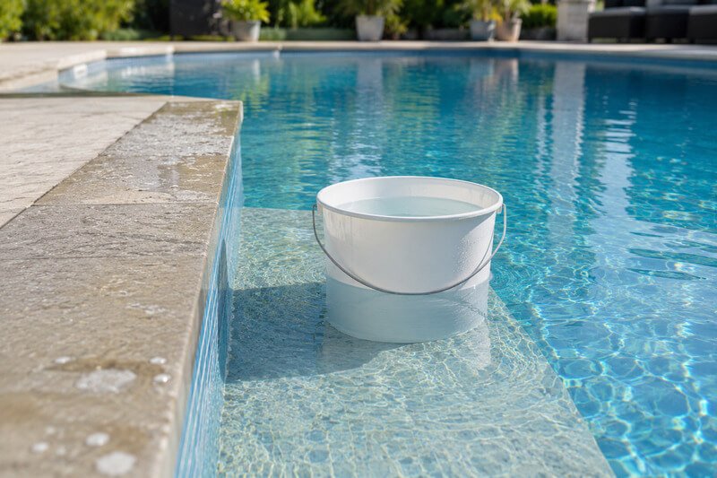 Teste do balde para verificar se a piscina perde água por evaporação ou fuga